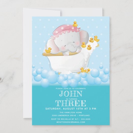 キュートエレファントバス誕生日 招待状 (正面)