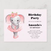 キュートエレファントバレリナピンク&グレー誕生日 インビテーションポストカード (正面)
