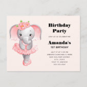 キュートエレファントバレリナピンク&グレー誕生日 インビテーションポストカード (正面)