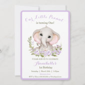 キュートエレファントパープル1stバースデーガール招待状 招待状 (正面)