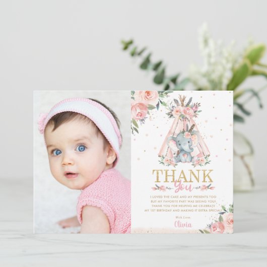 キュートエレファントフローラボホトリバル誕生日写真 サンキューカード (スタンド正面)