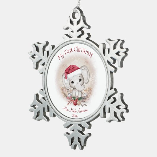 キュートエレファントベビー初めてのクリスマスボーイオーナメント スノーフレークピューターオーナメント (右)