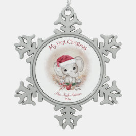 キュートエレファントベビー初めてのクリスマスボーイオーナメント スノーフレークピューターオーナメント