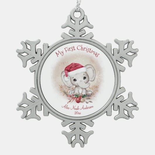 キュートエレファントベビー初めてのクリスマスボーイオーナメント スノーフレークピューターオーナメント (正面)