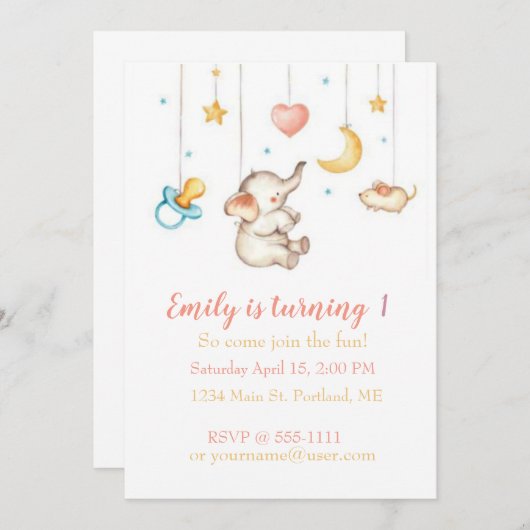 キュートエレファントベビー誕生日パーティカスタムー 招待状 (正面/裏面)