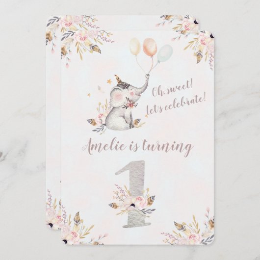 キュートエレファントボホフローラファースト誕生日招待状 招待状 (正面/裏面)