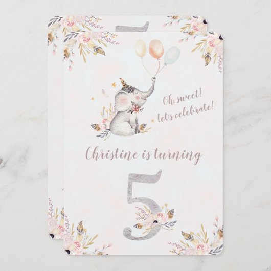 キュートエレファントボホフローラ第五誕生日招待状 招待状 (正面/裏面)