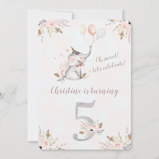 キュートエレファントボホフローラ第五誕生日招待状 招待状 (正面)