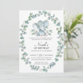 キュートエレファントユーカリプトゥスグリーン誕生日ボーイ 招待状 (スタンド正面)