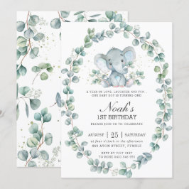 キュートエレファントユーカリプトゥスグリーン誕生日ボーイ 招待状