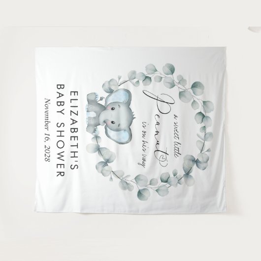 キュートエレファントユーカリ男の赤ちゃんシャワーウェルカム タペストリー (正面(横))