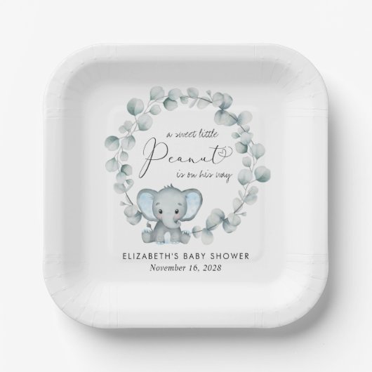 キュートエレファントユーカリ男の赤ちゃんシャワー ペーパープレート (正面)