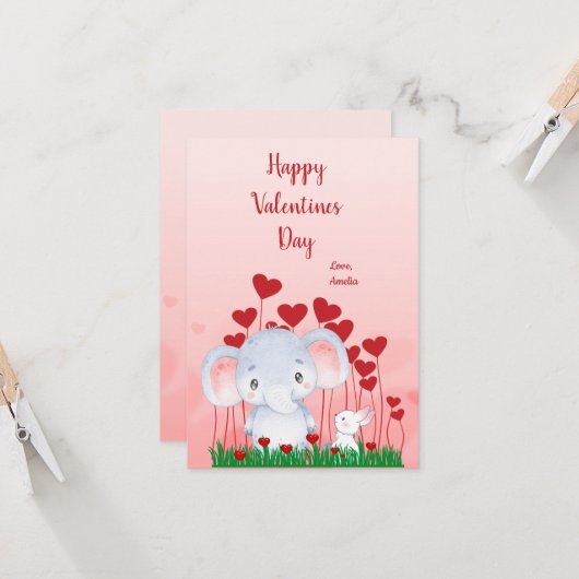 キュートエレファントラビットフレンズ赤いハートバレンタイン カード (正面/裏面インサイチュ)