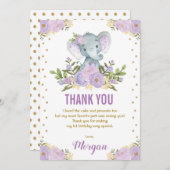 キュートエレファントラベンダーパープル金ゴールドフローラ サンキューカード (正面/裏面)