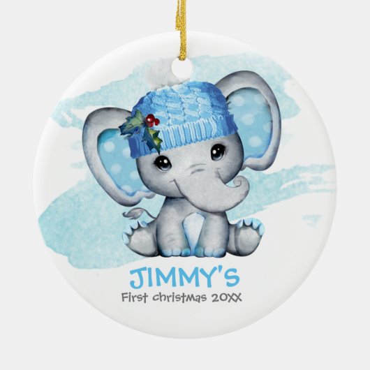 キュートエレファント男の赤ちゃんベビーの初めてのクリスマス セラミックオーナメント (裏面)