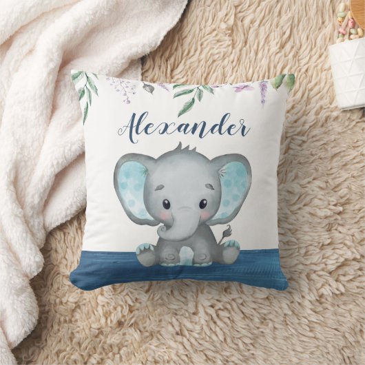 キュートエレファント男の赤ちゃん名前をカスタムするブルーウッド クッション (ブランケット)