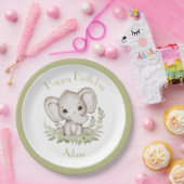 キュートエレファント誕生日ボーイグリーン紙プレート ペーパープレート (パーティー)