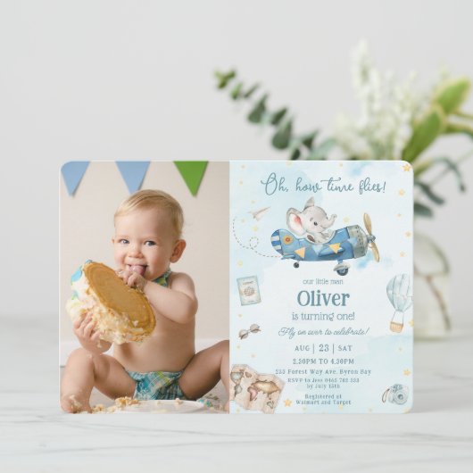 キュートエレファント飛行機アドベンチャータイムフライ誕生日 招待状 (スタンド正面)