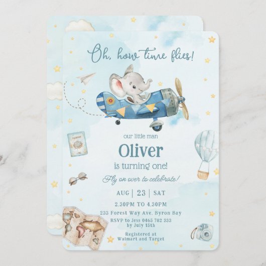 キュートエレファント飛行機アドベンチャータイムフライ誕生日 招待状 (正面/裏面)