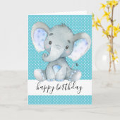 キュートエレファント1st誕生日男の赤ちゃん水玉模様ブルー カード (黄色い花)