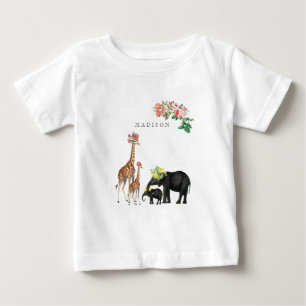 キュートエレファント&キリンフローラカスタムベビー名 ベビーTシャツ