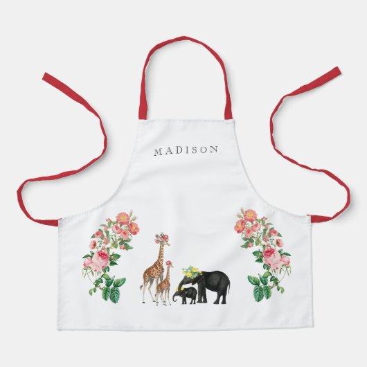 キュートエレファント&キリンフローラ名前をカスタムするキッズ エプロン (正面)