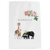 キュートエレファント&キリンフローラ名前をカスタムする ミディアムペーパーバッグ (正面)