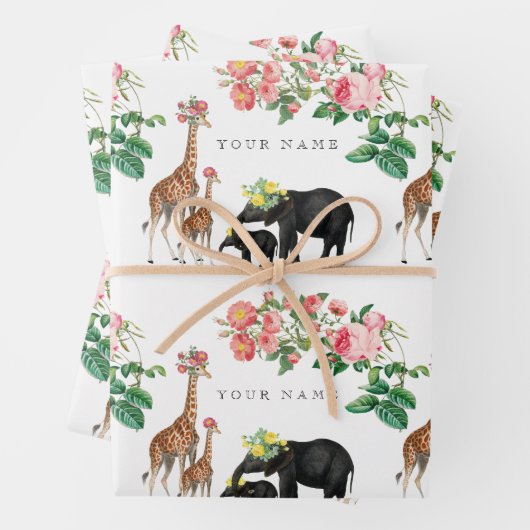キュートエレファント&キリンフローラ名前をカスタムする ラッピングペーパーシート (インサイチュ)