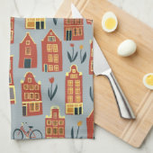 キュートオランダハウスアムステルダムシティパターン キッチンタオル (四つ折り)