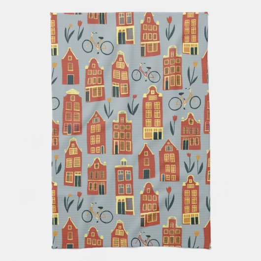 キュートオランダハウスアムステルダムシティパターン キッチンタオル (縦)