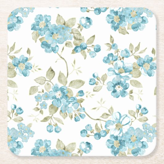 キュートオリーブグリーンアクアターコイズフローラ水彩 スクエアペーパーコースター (正面)