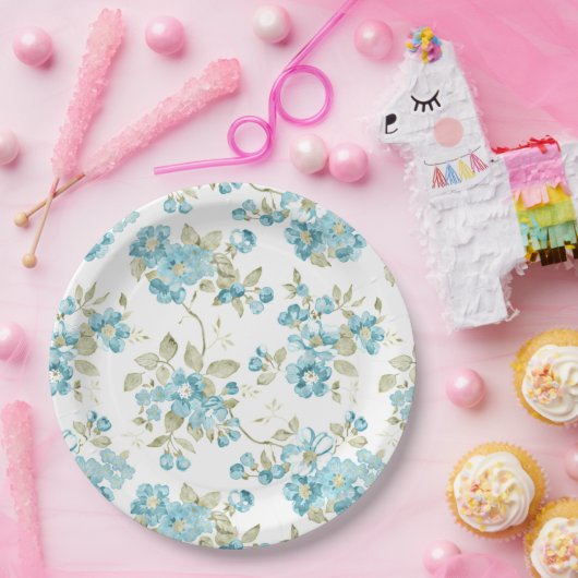 キュートオリーブグリーンアクアターコイズフローラ水彩 ペーパープレート (パーティー)