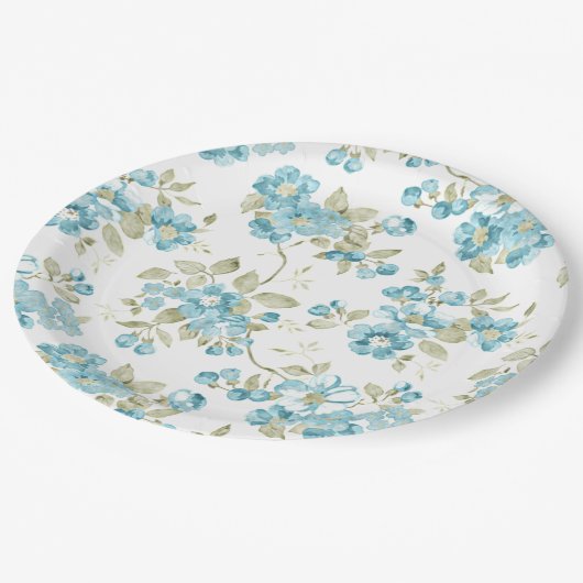 キュートオリーブグリーンアクアターコイズフローラ水彩 ペーパープレート (アングル)