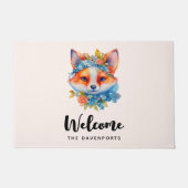 キュートオレンジキツネとフローラクラウンウェルカム ドアマット (正面)