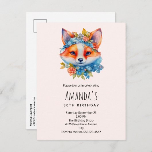 キュートオレンジキツネとフローラクラウン誕生日 インビテーションポストカード (正面/裏面)