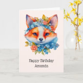 キュートオレンジキツネとフローラクラウン誕生日 カード (黄色い花)