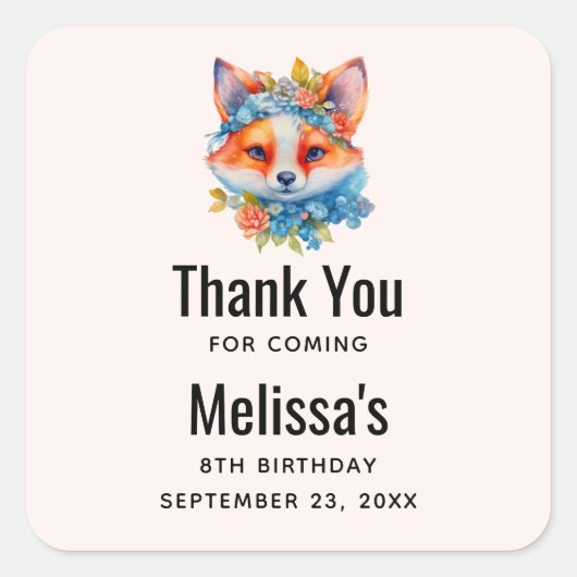 キュートオレンジキツネとフローラクラウン誕生日 スクエアシール (正面)