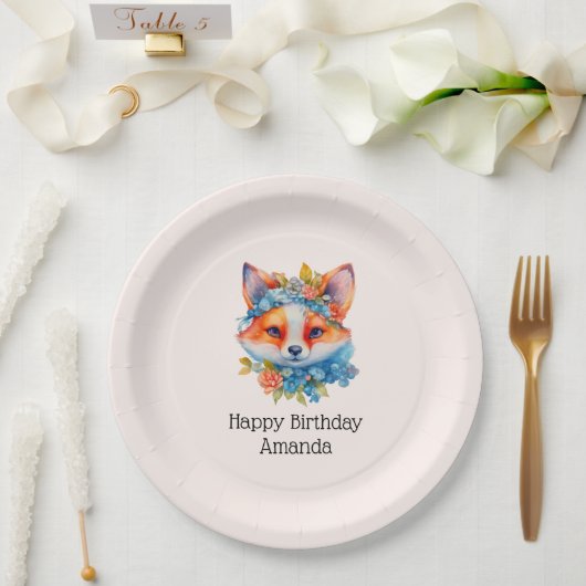 キュートオレンジキツネとフローラクラウン誕生日 ペーパープレート (ウェディング)