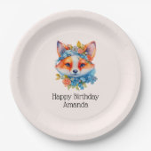 キュートオレンジキツネとフローラクラウン誕生日 ペーパープレート (正面)
