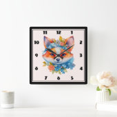 キュートオレンジキツネとフローラクラウン スクエア壁時計 (ホーム)