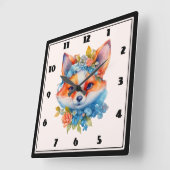 キュートオレンジキツネとフローラクラウン スクエア壁時計 (傾斜)