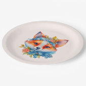 キュートオレンジキツネとフローラクラウン ペーパープレート (アングル)