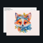 キュートオレンジキツネとフローラクラウン ポストカード<br><div class="desc">青とオレンジのフローラの冠と襟を持つ愛らしいフォックスポートレートのイラストレーションを持つ葉書。</div>