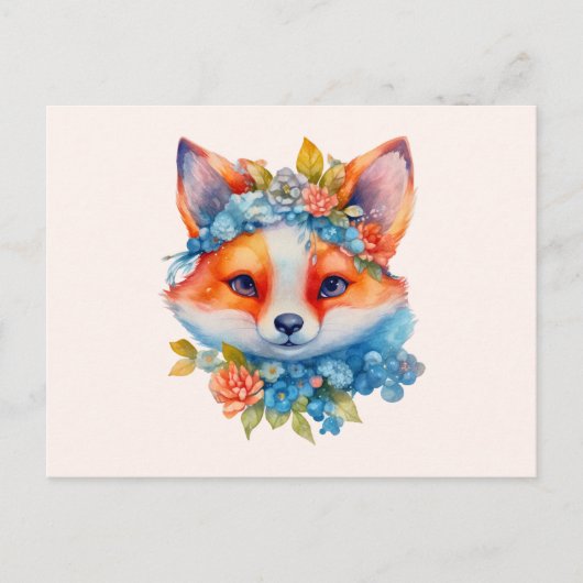 キュートオレンジキツネとフローラクラウン ポストカード (正面)