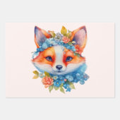 キュートオレンジキツネとフローラクラウン ラッピングペーパーシート (正面)