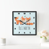 キュートオレンジキツネグラフィックイラストレーション スクエア壁時計 (ホーム)