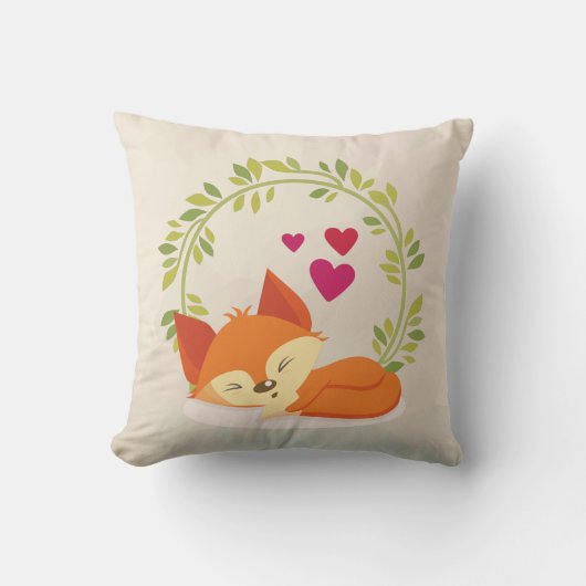 キュートオレンジキツネ、赤いハート、グリーンリース クッション (正面)