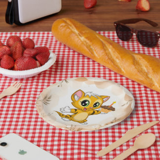 キュートオレンジキティキャット誕生日紙プレート ペーパープレート