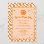 キュートオレンジハッピーガール市松模様に誕生日 招待状 (正面/裏面)