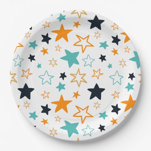 キュートオレンジブラックティール(緑がかった色)スターパターンキッズパーティー ペーパープレート (正面)